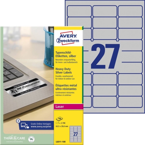 Avery-Zweckform L6011-100 Etiketten voor typeplaatjes 63.5 x 29.6 mm Polyester folie Zilver 2700 stuk(s) Permanent hechtend Laser (zwart/wit), Kopiëren