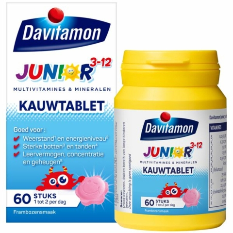 Gratis Verzending: 2x Davitamon Junior 3+ Kauwvitamines Framboos 60 kauwtabletten