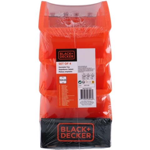 BLACK+DECKER Stapelbare Organizer Bakjes - 4 Stuks - Ideaal voor Gereedschap, Make-Up en Bureau Organisatie - 15 x 24 CM - Kunststof - Oranje