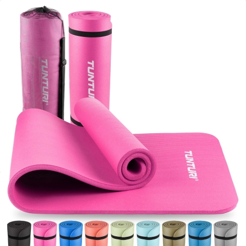 Tunturi NBR Yogamat met Draagtas - Fitnessmat Extra dik&zacht - Sportmat - Anti slip - 180x60x1.5cm - Incl Trainingsapp - Roze