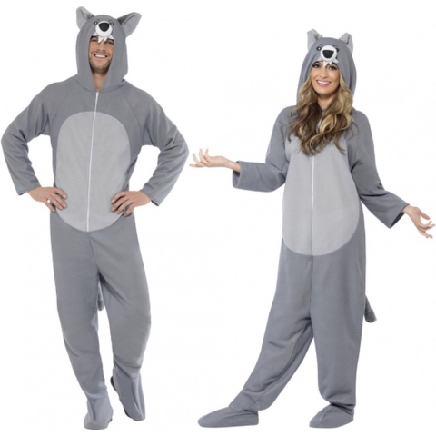 Carnaval verkleed Wolf onesie - volwassenen - met capuchon - dierenpak kostuum 42-52 (L) -