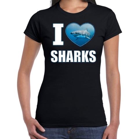 I love sharks t-shirt met dieren foto van een haai zwart voor dames L -