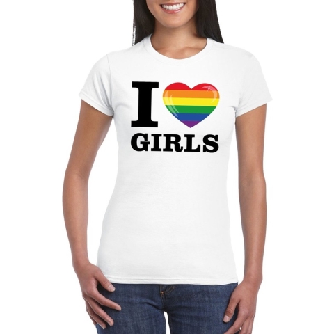 I love girls regenboog t-shirt wit dames S -