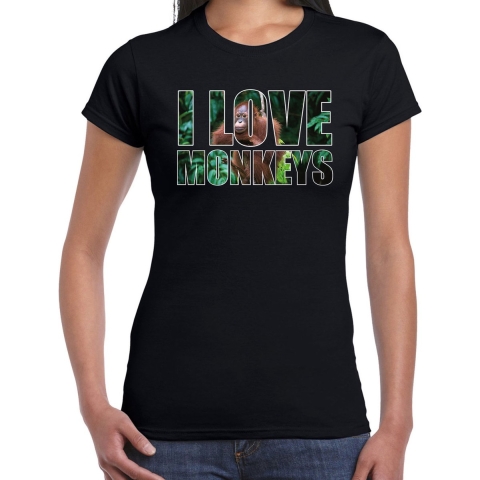 Tekst t-shirt I love monkeys met dieren foto van een orang oetan aap zwart voor dames L -