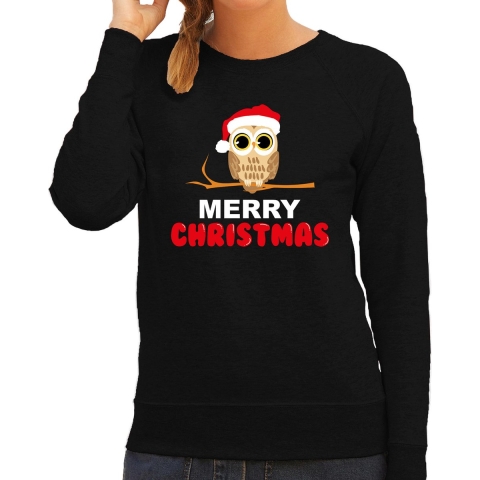 Leuke dieren Kersttrui christmas uil Kerst sweater zwart voor dames M -