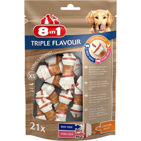 8in1 Delights Kauwknook Triple Flavour - Hondensnacks - Kip Varken Rund 21 stuks Xs