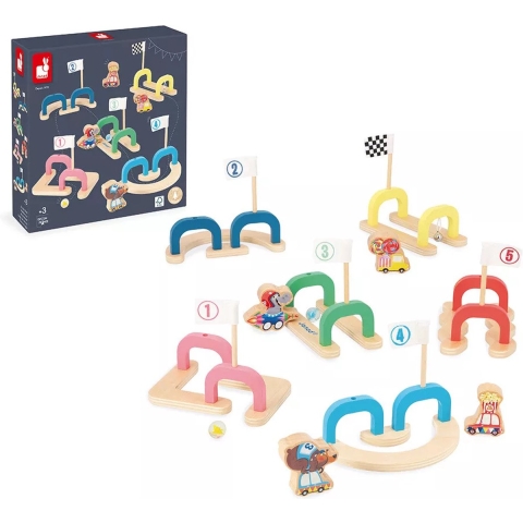 Janod Applepop - Knikkerspel - Knikkerparcours Ontworpen Voor Kinderen - Bevat 6 Gekleurde En Genummerde Parcours, 2 Knikkers En 4 Houten Stukken - Voor 1 Tot 4 Spelers - Geschikt Vanaf 3 Jaar