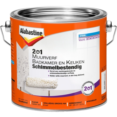 Alabastine 2In1 Muurverf Badkamer En Keuken Schimmelbestendig - Wit - 2,5L