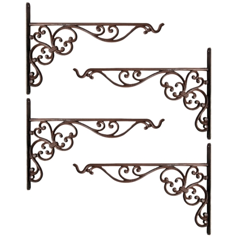 Esschert Design Muurhaak - 4x - sierkrullen - bruin -35 x 25 cm - voor plantenpotten -gietijzer -