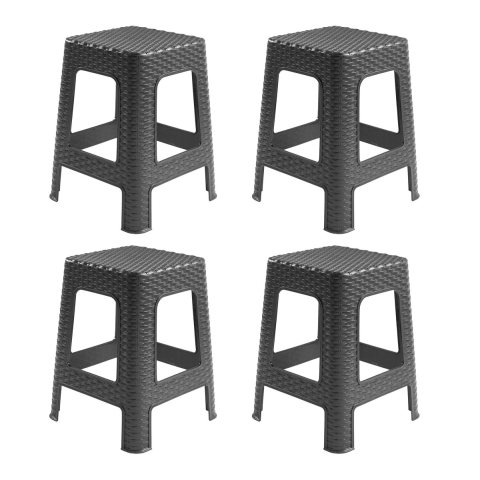 Rotan opstapje/zit krukje - 4x - kunststof - zwart - 36 x 36 x 45 cm - Keuken/badkamer - Krukjes -