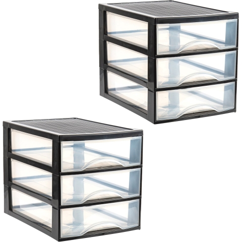 Ladekastje bureau organizer - 2x - 3 lades - zwart/transparant - L26 x B35 x H27 cm - kunststof -