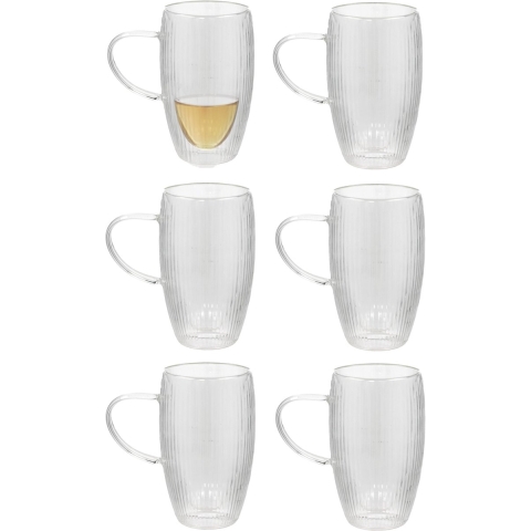 Gerimport Theeglazen Stripes - 6x - dubbelwandig - borosilicaatglas - 450 ml - H15 cm - koffieglas -