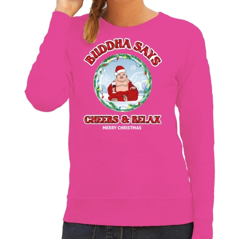 Foute Kersttrui/sweater voor dames - buddha says cheers & relax - roze - proost - wijn S -