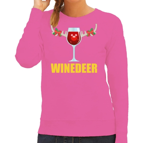 Foute kersttrui/sweater voor dames - winedeer - roze - wijn - rendier - kerstmis L -