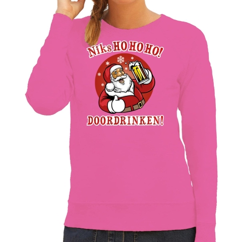 Foute kersttrui/sweater voor dames - kerstman - roze - niks ho ho ho doordrinken 2XL -