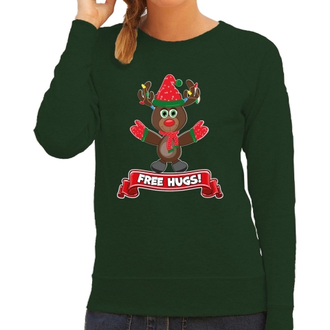 Foute Kersttrui/sweater voor dames - free hugs - groen - rendier M -