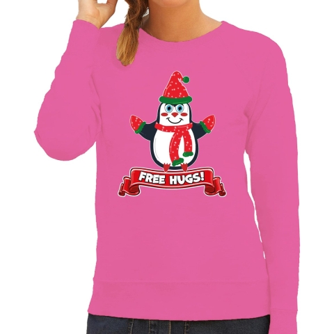 Foute Kersttrui/sweater voor dames - free hugs - roze - pinguin M -