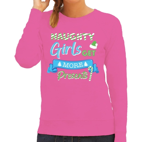 Foute Kersttrui/sweater voor dames - naughty girls - roze - presents L -
