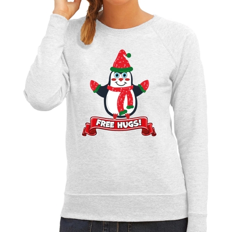Foute Kersttrui/sweater voor dames - free hugs - grijs - pinguin L -
