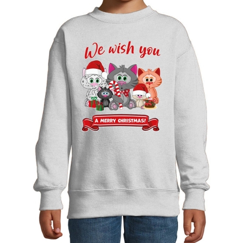 Kersttrui/sweater voor jongens/meisjes - we wish you - grijs - Kerst poesjes 7-8 jaar (122/128) -