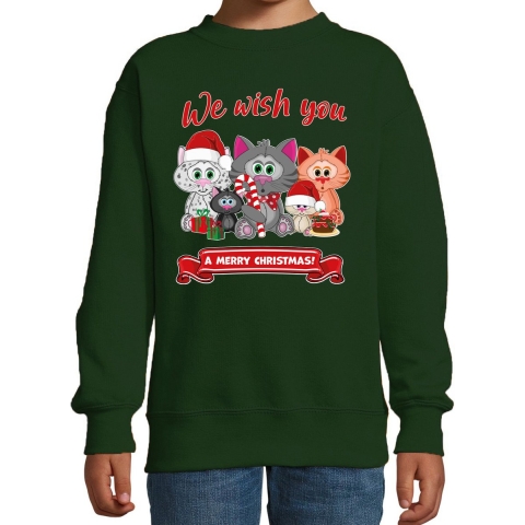 Kersttrui/sweater voor jongens/meisjes - we wish you - groen - Kerst poesjes 7-8 jaar (122/128) -