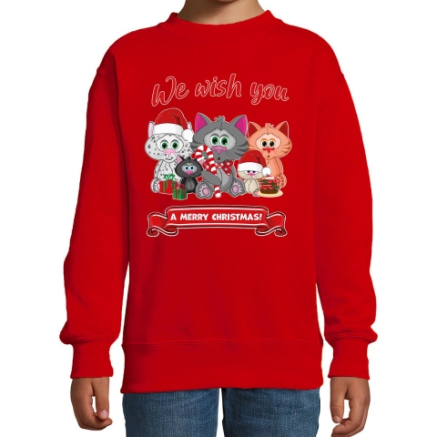 Kersttrui/sweater voor jongens/meisjes - we wish you - rood - Kerst poesjes 14-15 jaar (170/176) -