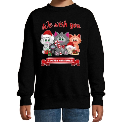 Kersttrui/sweater voor jongens/meisjes - we wish you - zwart - Kerst poesjes 3-4 jaar (98/104) -