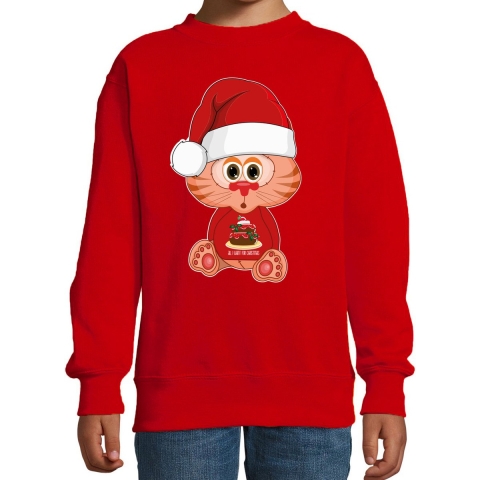 Kersttrui/sweater voor jongens/meisjes - all I want - taartje - rood - Kerst poesje 7-8 jaar (122/128) -