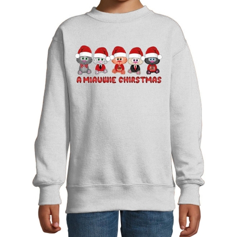 Kersttrui/sweater voor jongens/meisjes - Miauwie Christmas - grijs - Kerst poesjes 9-11 jaar (134/146) -