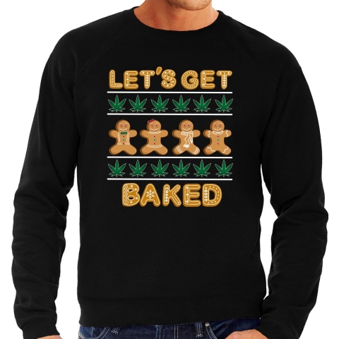 Foute Kersttrui/sweater voor heren - Lets get baked - wiet - zwart M -