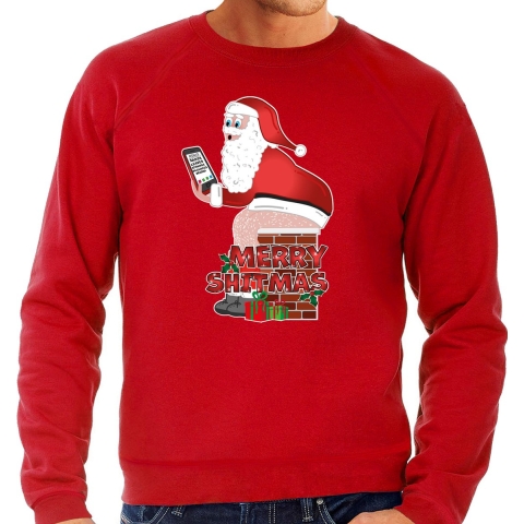 Foute Kersttrui/sweater voor heren - Merry shitmas - rood - Kerstman op de wc S -