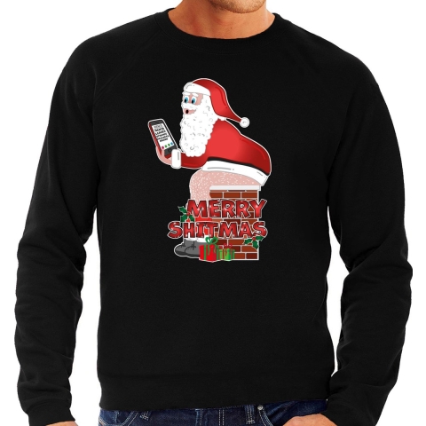 Foute Kersttrui/sweater voor heren - Merry shitmas - zwart - Kerstman op de wc S -