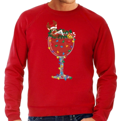 Foute Kersttrui/sweater voor heren - cocktailglas met Rudolf - rood XL -