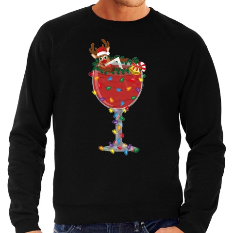 Foute Kersttrui/sweater voor heren - cocktailglas met Rudolf - zwart 2XL -