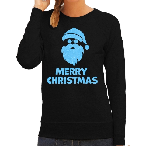 Foute kersttrui/sweater voor dames - Merry Christmas - zwart - glitter blauw - Kerstman S -