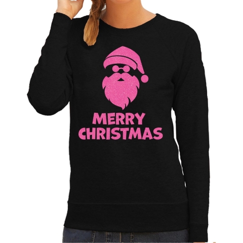 Foute kersttrui/sweater voor dames - Merry Christmas - zwart - glitter roze - Kerstman S -
