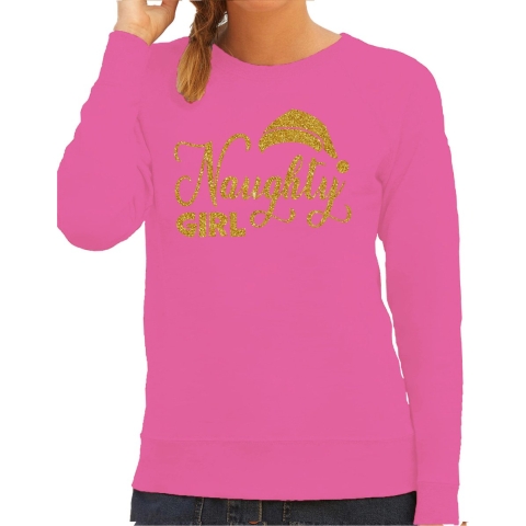 Foute kersttrui/sweater voor dames - Naughty Girl - roze - glitter goud - Kerstmuts L -