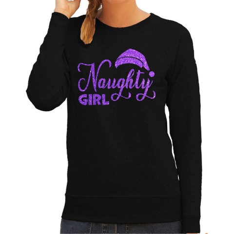 Foute kersttrui/sweater voor dames - Naughty Girl - zwart - glitter paars - Kerstmuts S -