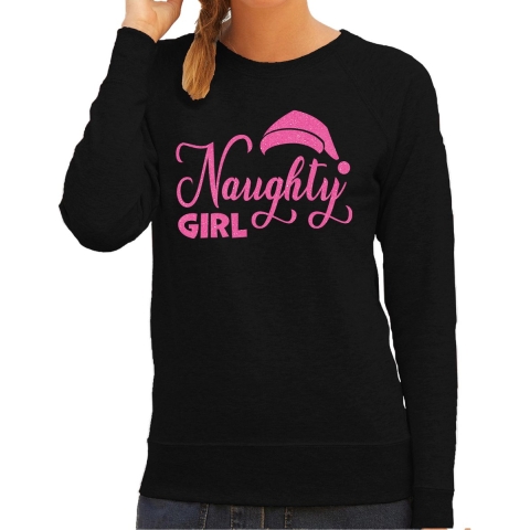Foute kersttrui/sweater voor dames - Naughty Girl - zwart - glitter roze - Kerstmuts S -