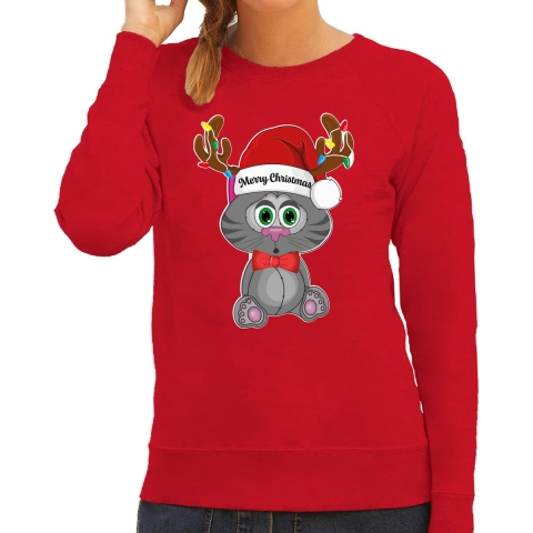 Foute Kersttrui/sweater voor dames - Merry Christmas - rood - kerstpoesje - kerst cadeau L -