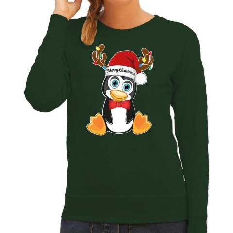 Foute Kersttrui/sweater voor dames - Merry Christmas - groen - kerst pinguin - kerst cadeau S -