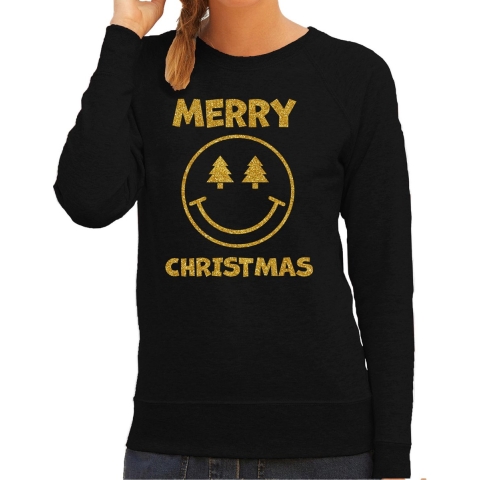 Foute kersttrui/sweater voor dames - Merry Christmas - zwart - glitter goud - Smile Emoticon XS -
