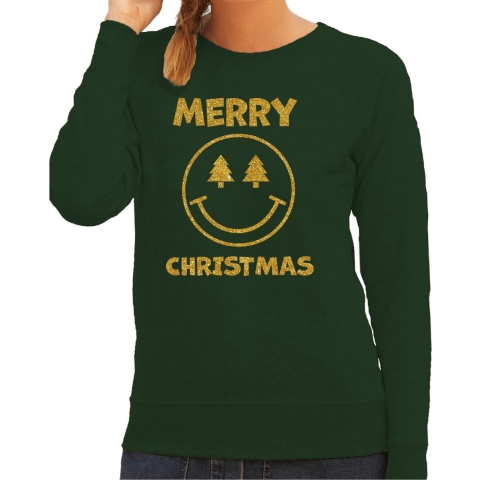 Foute kersttrui/sweater voor dames - Merry Christmas - groen - glitter goud - Smile Emoticon 2XL -