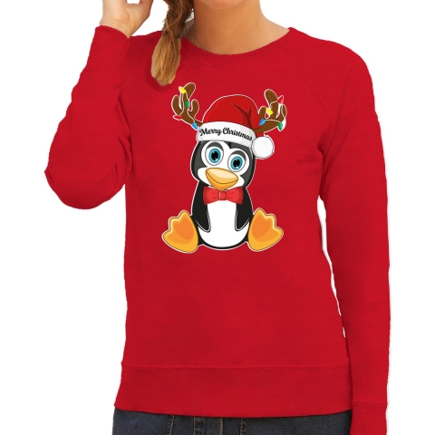 Foute Kersttrui/sweater voor dames - Merry Christmas - rood - kerst pinguin - kerst cadeau XS -