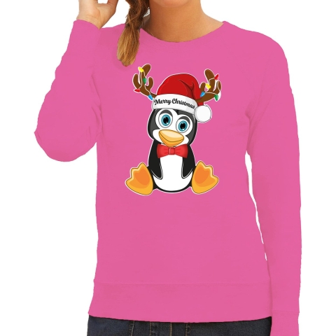 Foute Kersttrui/sweater voor dames - Merry Christmas - roze - kerst pinguin - kerst cadeau S -