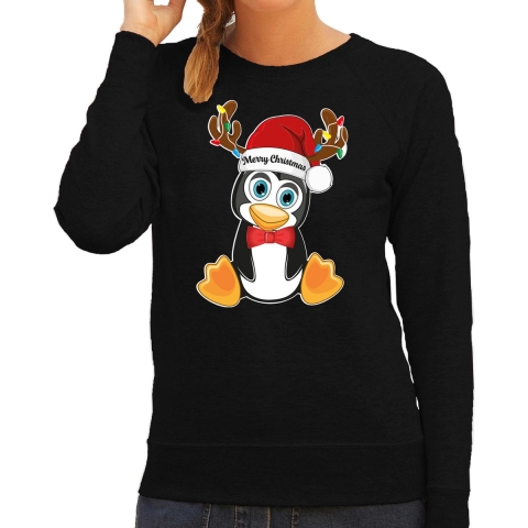 Foute Kersttrui/sweater voor dames - Merry Christmas - zwart - kerst pinguin - kerst cadeau M -
