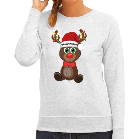 Foute Kersttrui/sweater voor dames - Merry Christmas - grijs - kerst rendier - kerst cadeau L -