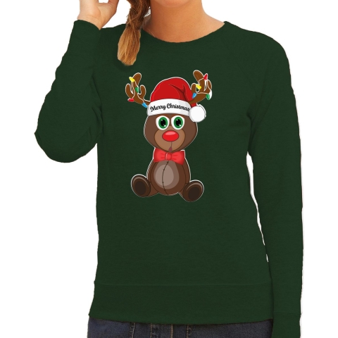 Foute Kersttrui/sweater voor dames - Merry Christmas - groen - kerst rendier - kerst cadeau M -