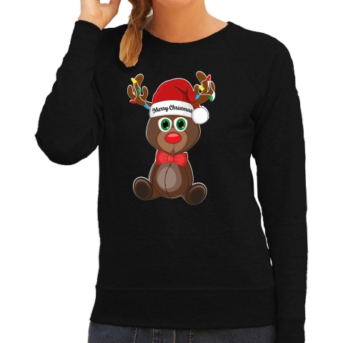 Foute Kersttrui/sweater voor dames - Merry Christmas - zwart - kerst rendier - kerst cadeau XL -