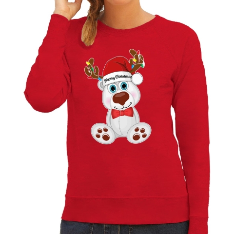 Foute Kersttrui/sweater voor dames - Merry Christmas - rood - ijsbeer - kerst cadeau XS -